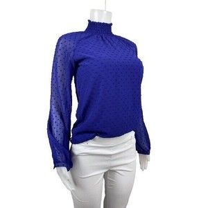 F. Yumi kim Top Size S Swiss Dot Blue Blouse Long Sleeve Shirt High Neck $138